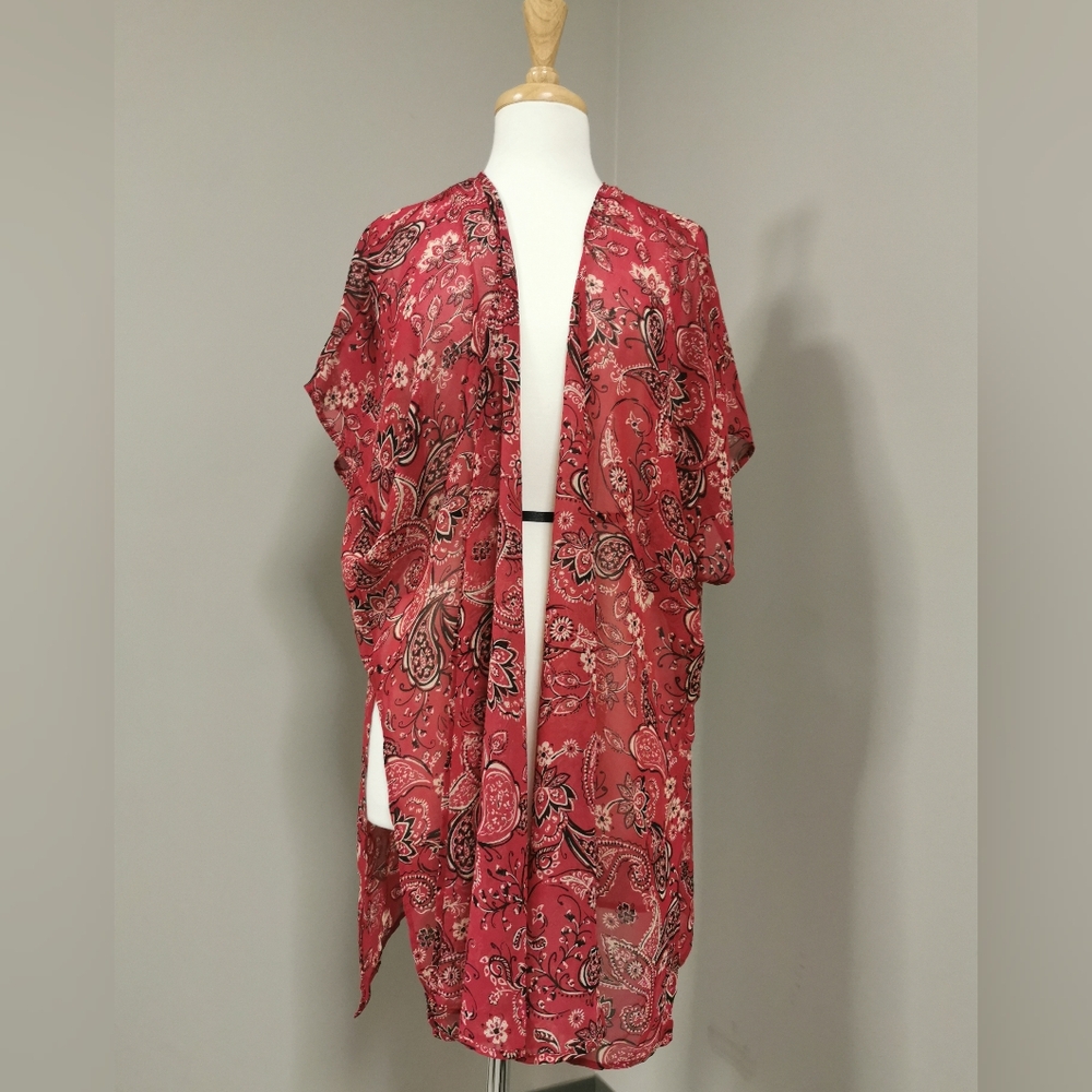 Semi sheer Red Paisley Print Ruana - S/M